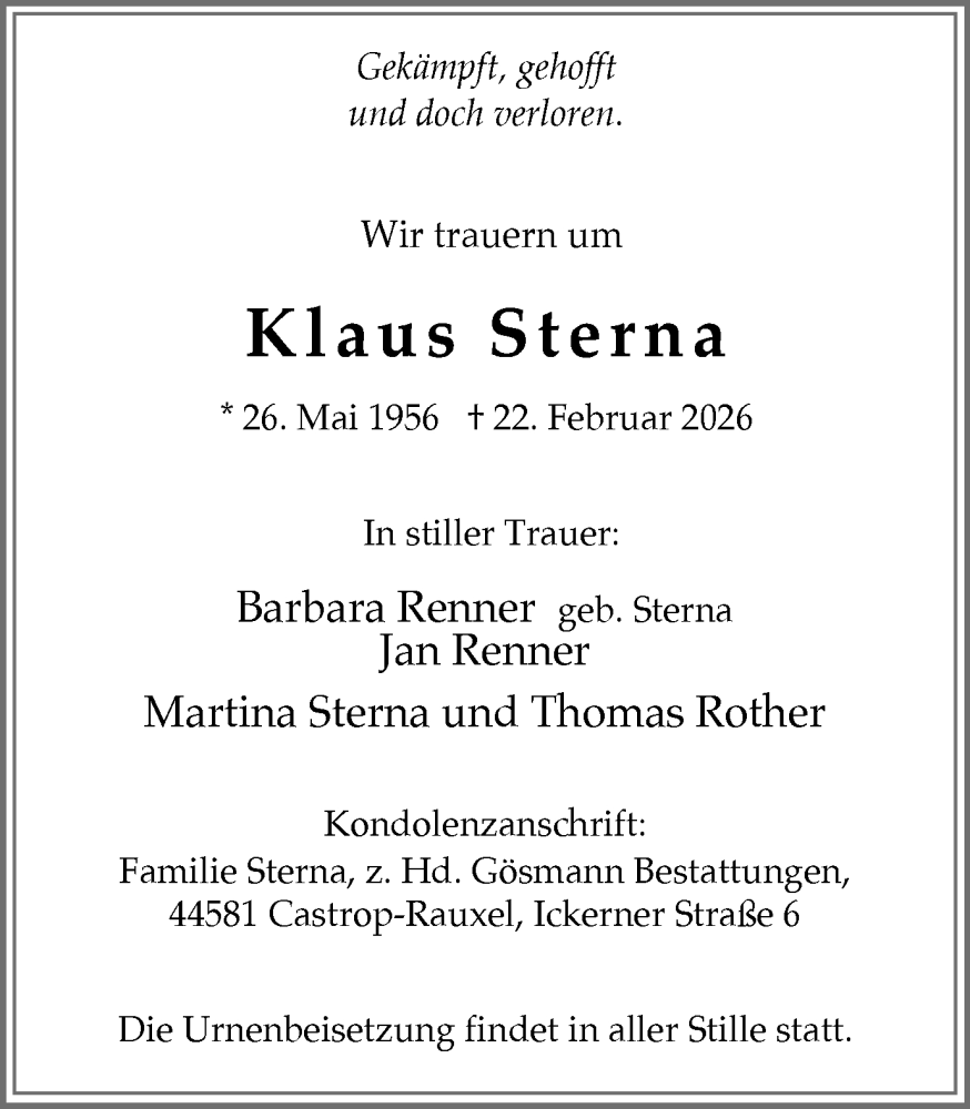  Traueranzeige für Klaus Sterna vom 28.02.2026 aus Stadtanzeiger Castrop-Rauxel