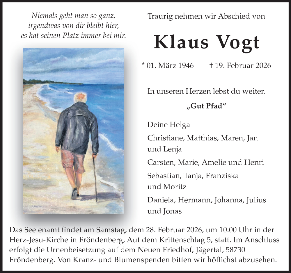  Traueranzeige für Klaus Vogt vom 24.02.2026 aus Hellweger Anzeiger