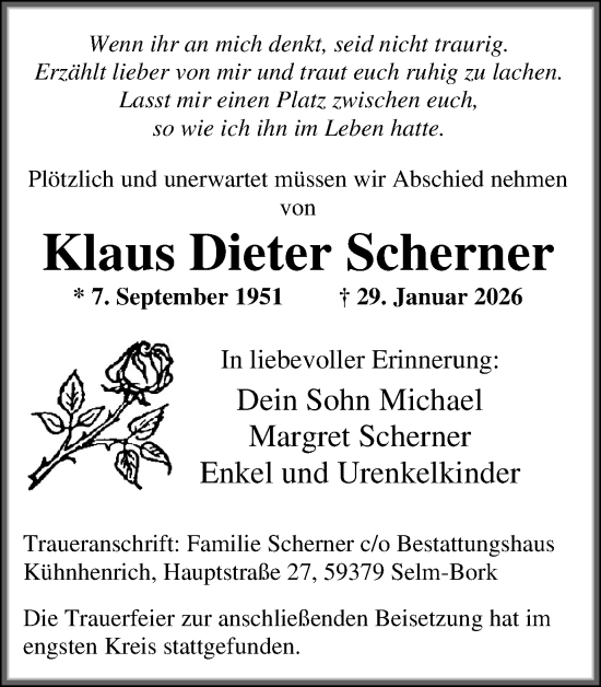 Traueranzeige von Klaus Dieter Scherner von Lüner Anzeiger