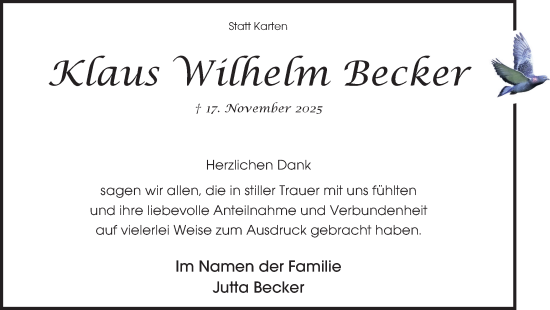Traueranzeige von Klaus Wilhelm Becker von Ruhr Nachrichten