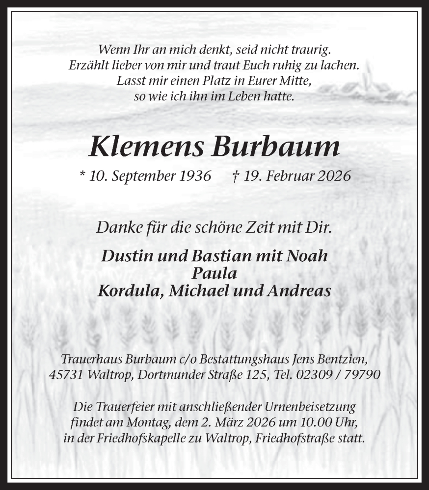  Traueranzeige für Klemens Burbaum vom 28.02.2026 aus Trauer Vest