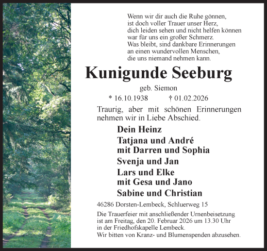 Traueranzeige von Kunigunde Seeburg von Ruhr Nachrichten und Dorstener Zeitung