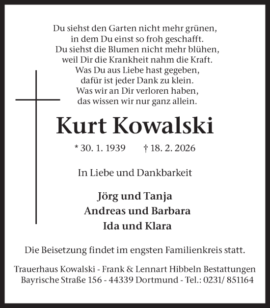 Traueranzeige von Kurt Kowalski von Ruhr Nachrichten