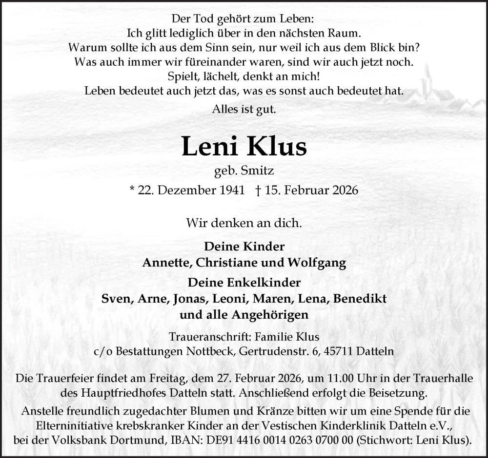  Traueranzeige für Leni Klus vom 21.02.2026 aus Trauer Vest