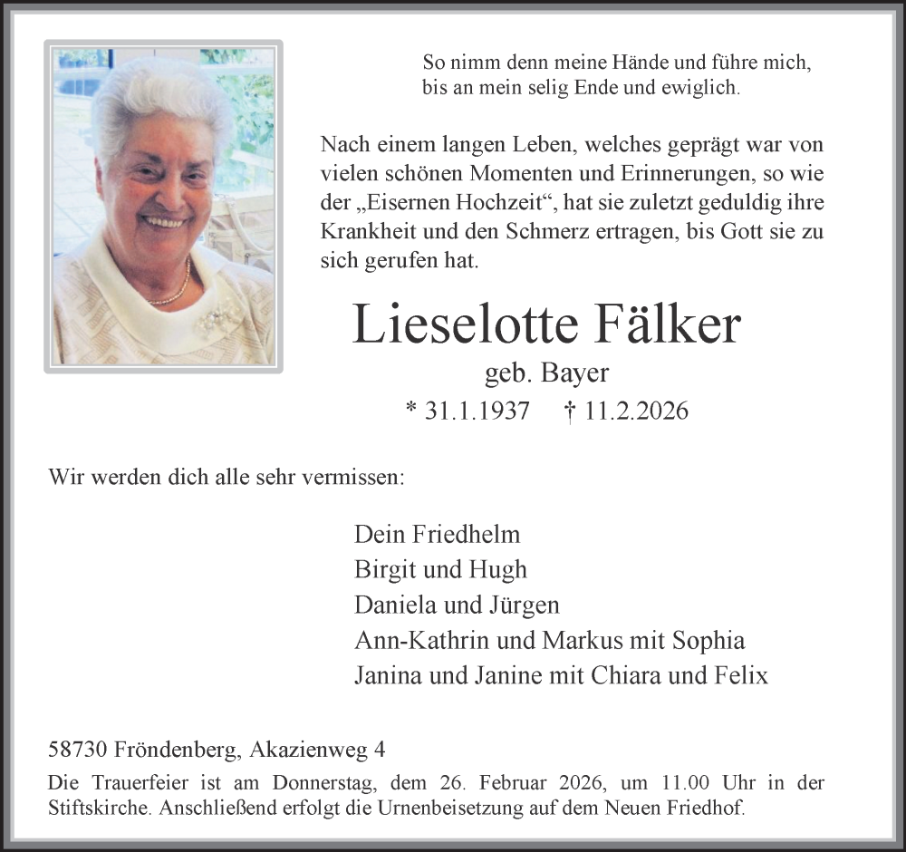  Traueranzeige für Lieselotte Fälker vom 21.02.2026 aus Hellweger Anzeiger
