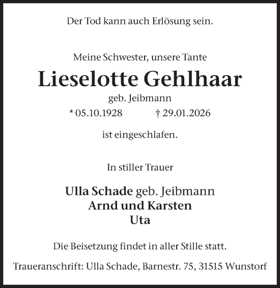 Traueranzeige von Lieselotte Gehlhaar von Stadtanzeiger Castrop-Rauxel