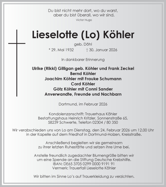 Traueranzeige von Lieselotte Köhler von Ruhr Nachrichten