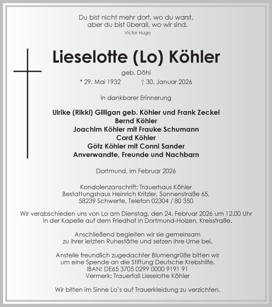  Traueranzeige für Lieselotte Köhler vom 07.02.2026 aus Ruhr Nachrichten