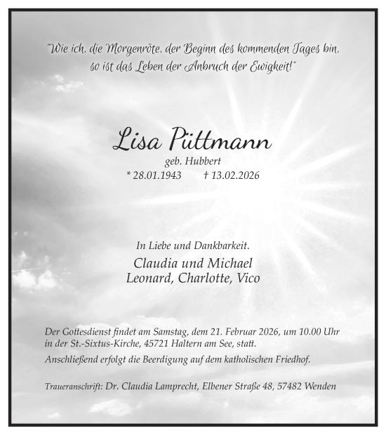 Traueranzeige von Lisa Püttmann von Ruhr Nachrichten und Halterner Zeitung