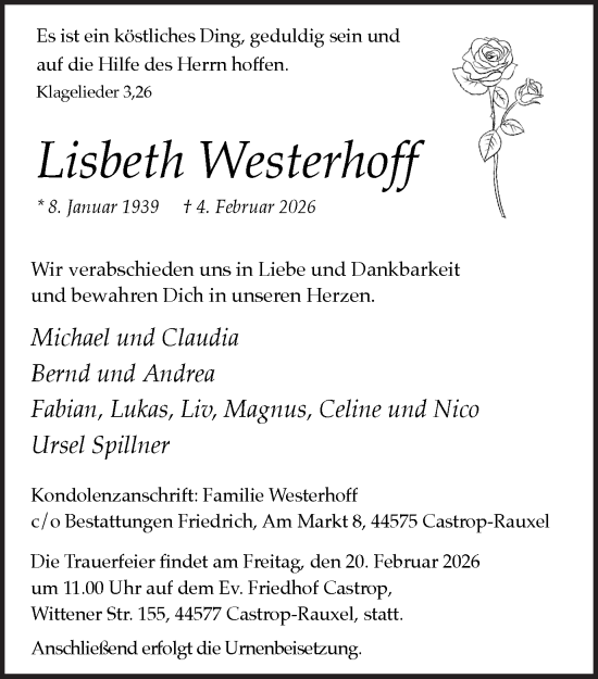 Traueranzeige von Lisbeth Westerhoff von Ruhr Nachrichten