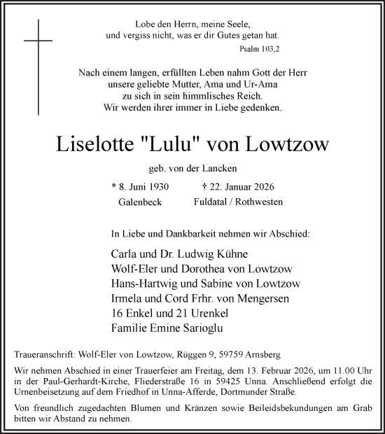 Traueranzeige von Liselotte von Lowtzow von Hellweger Anzeiger