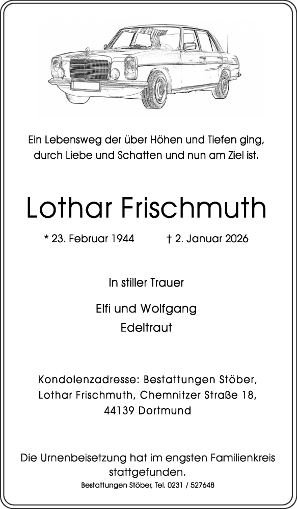  Traueranzeige für Lothar Frischmuth vom 07.02.2026 aus Ruhr Nachrichten