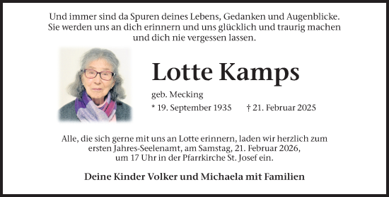 Traueranzeige von Lotte Kamps 