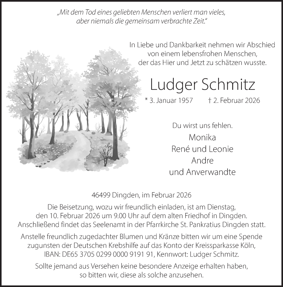  Traueranzeige für Ludger Schmitz vom 06.02.2026 aus 