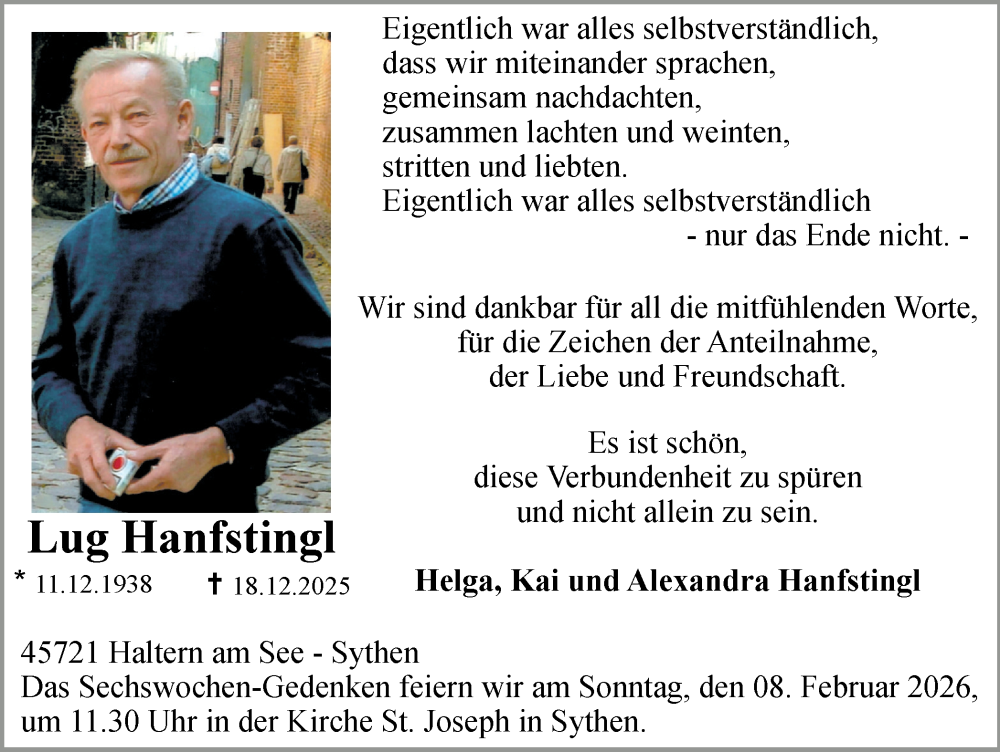  Traueranzeige für Lug Hanfstingl vom 04.02.2026 aus Ruhr Nachrichten und Halterner Zeitung