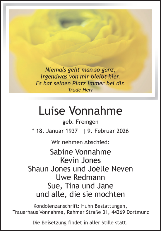 Traueranzeige von Luise Vonnahme von Ruhr Nachrichten