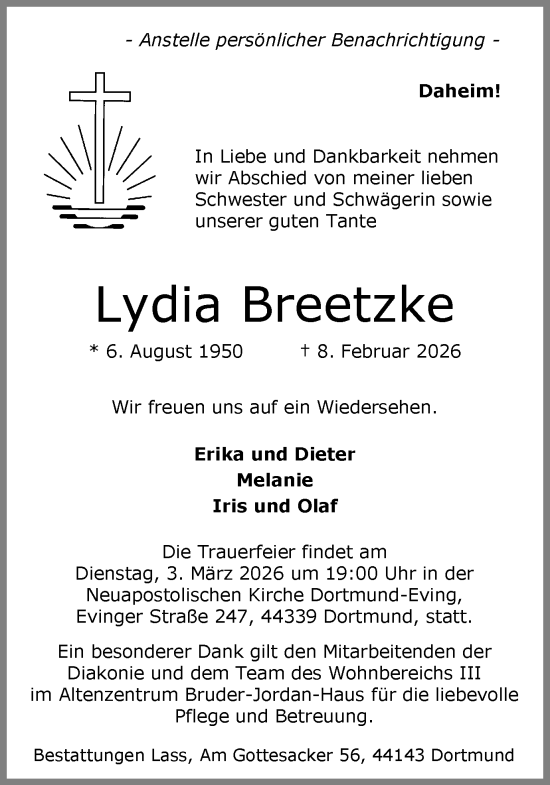 Traueranzeige von Lydia Breetzke von Ruhr Nachrichten
