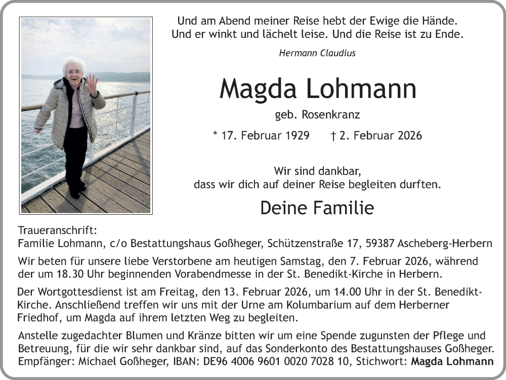  Traueranzeige für Magda Lohmann vom 07.02.2026 aus Ruhr Nachrichten