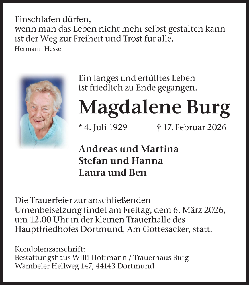  Traueranzeige für Magdalene Burg vom 21.02.2026 aus Ruhr Nachrichten