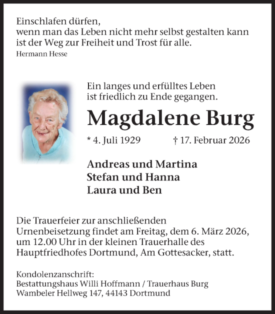 Traueranzeige von Magdalene Burg von Ruhr Nachrichten