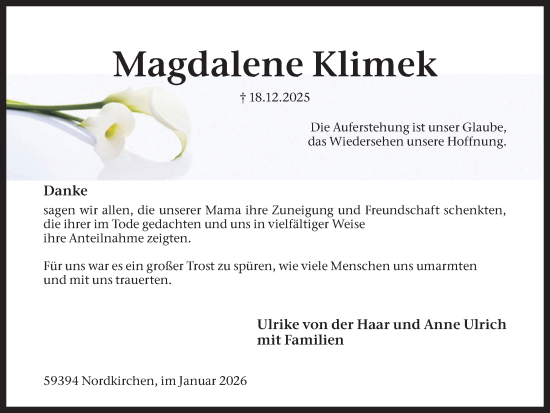 Traueranzeige von Magdalene Klimek von Ruhr Nachrichten