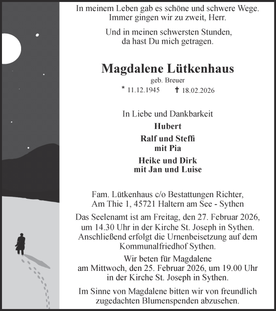 Traueranzeige von Magdalene Lütkenhaus von Ruhr Nachrichten und Halterner Zeitung