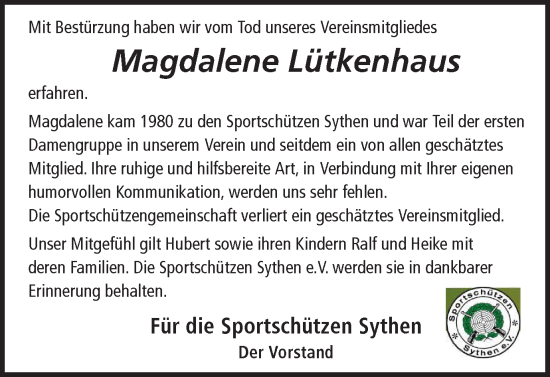 Traueranzeige von Magdalene Lütkenhaus von Ruhr Nachrichten und Halterner Zeitung