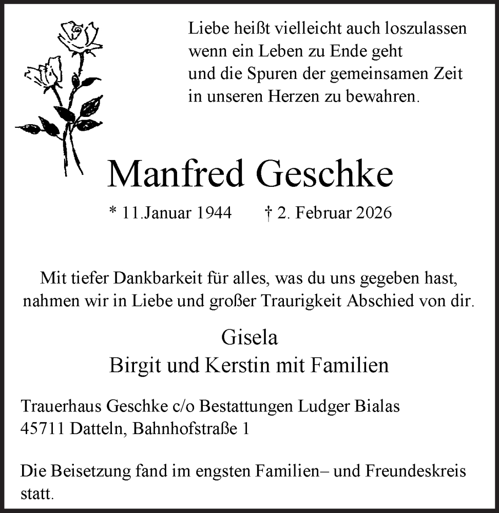  Traueranzeige für Manfred Geschke vom 25.02.2026 aus Trauer Vest