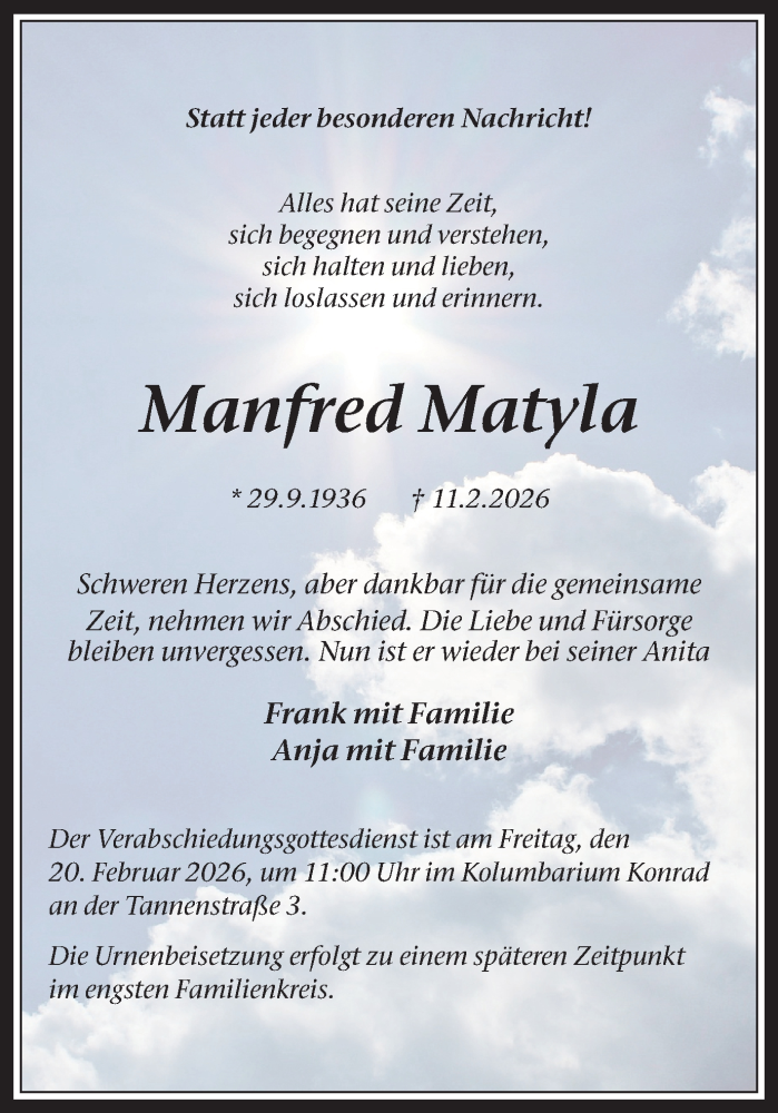  Traueranzeige für Manfred Matyla vom 18.02.2026 aus Trauer Vest