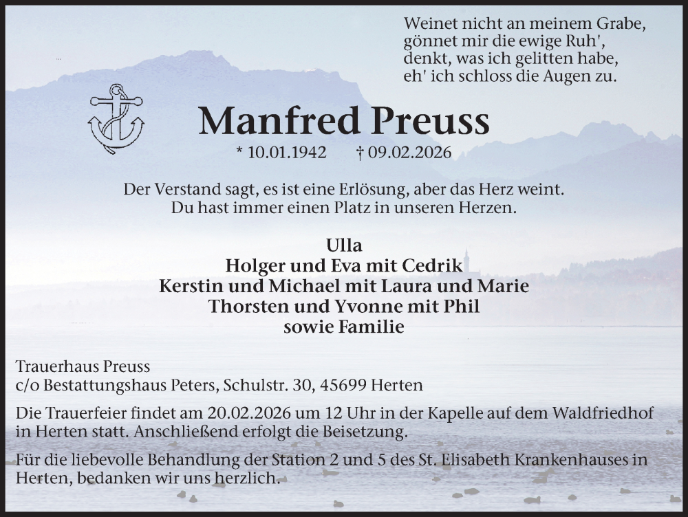  Traueranzeige für Manfred Preuss vom 14.02.2026 aus Trauer Vest
