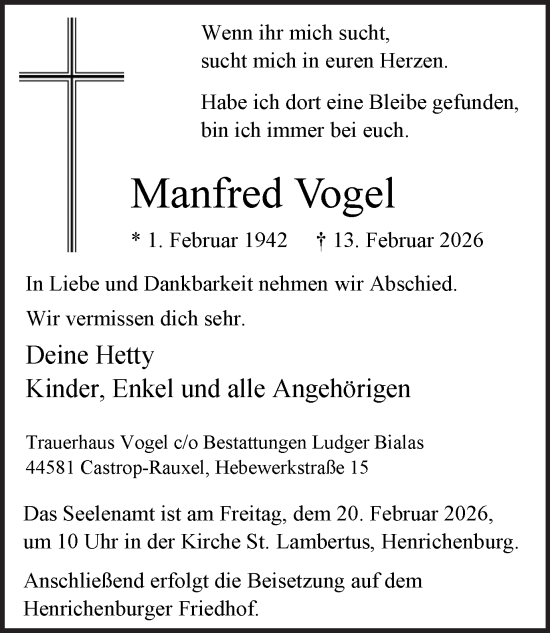 Traueranzeige von Manfred Vogel von Ruhr Nachrichten