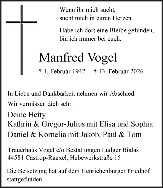 Traueranzeige von Manfred Vogel von Stadtanzeiger Castrop-Rauxel