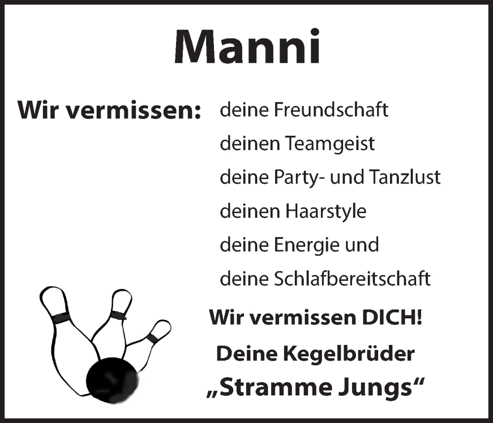  Traueranzeige für Manni  vom 21.02.2026 aus Ruhr Nachrichten und Halterner Zeitung