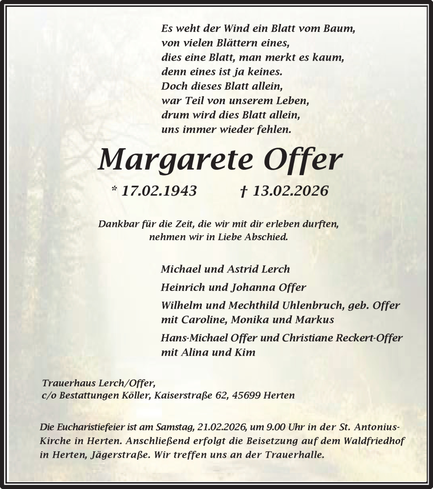 Traueranzeige für Margarete Offer vom 18.02.2026 aus Trauer Vest