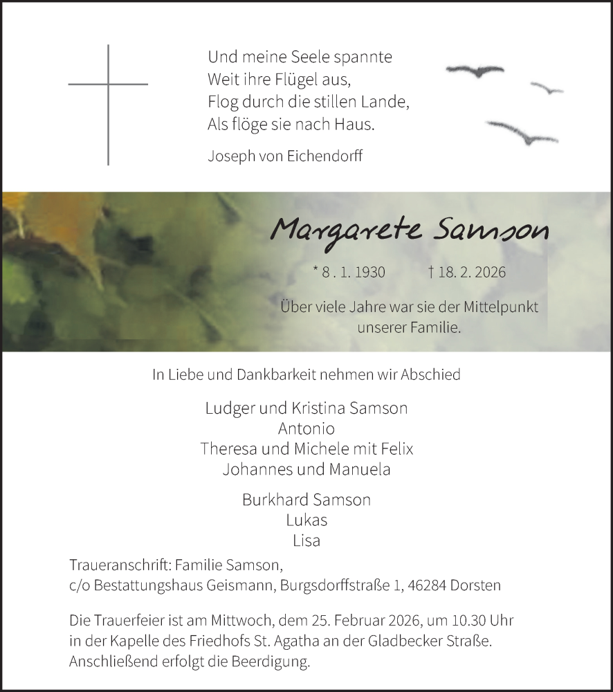  Traueranzeige für Margarete Samson vom 24.02.2026 aus Ruhr Nachrichten und Dorstener Zeitung