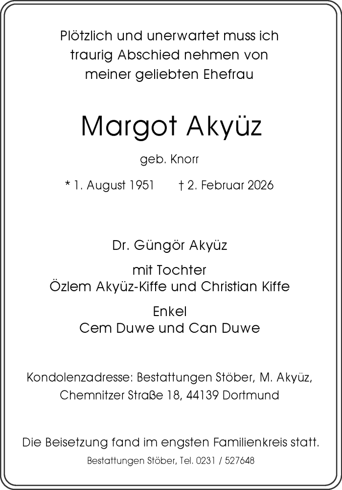  Traueranzeige für Margot Akyüz vom 14.02.2026 aus Ruhr Nachrichten