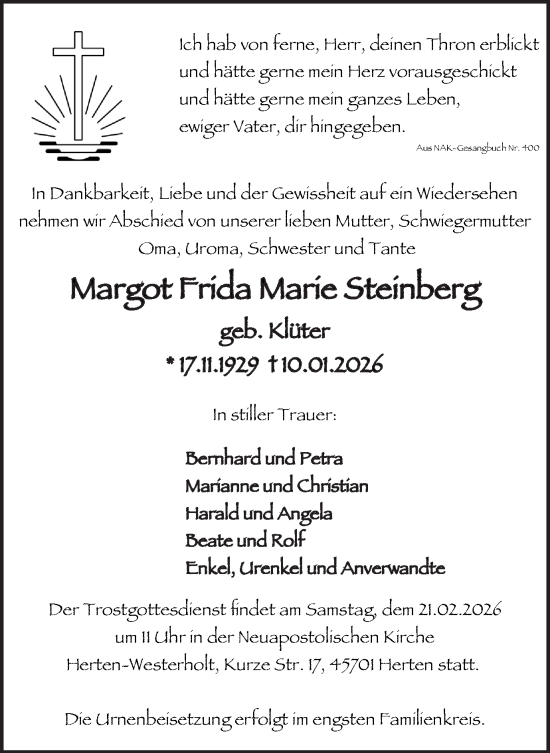 Traueranzeige von Margot Frida Marie Steinberg von Stadtanzeiger Castrop-Rauxel