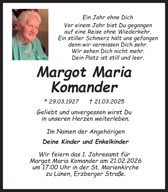Traueranzeige von Margot Maria Komander von Ruhr Nachrichten