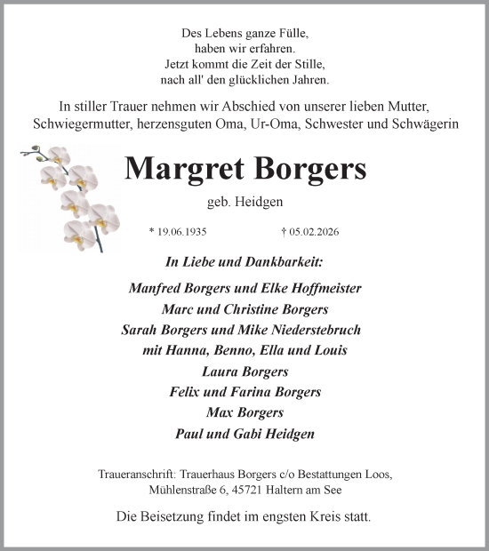 Traueranzeige von Margret Borgers von Ruhr Nachrichten und Halterner Zeitung
