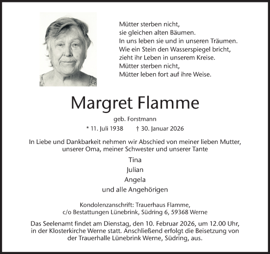 Traueranzeige von Margret Flamme von Ruhr Nachrichten