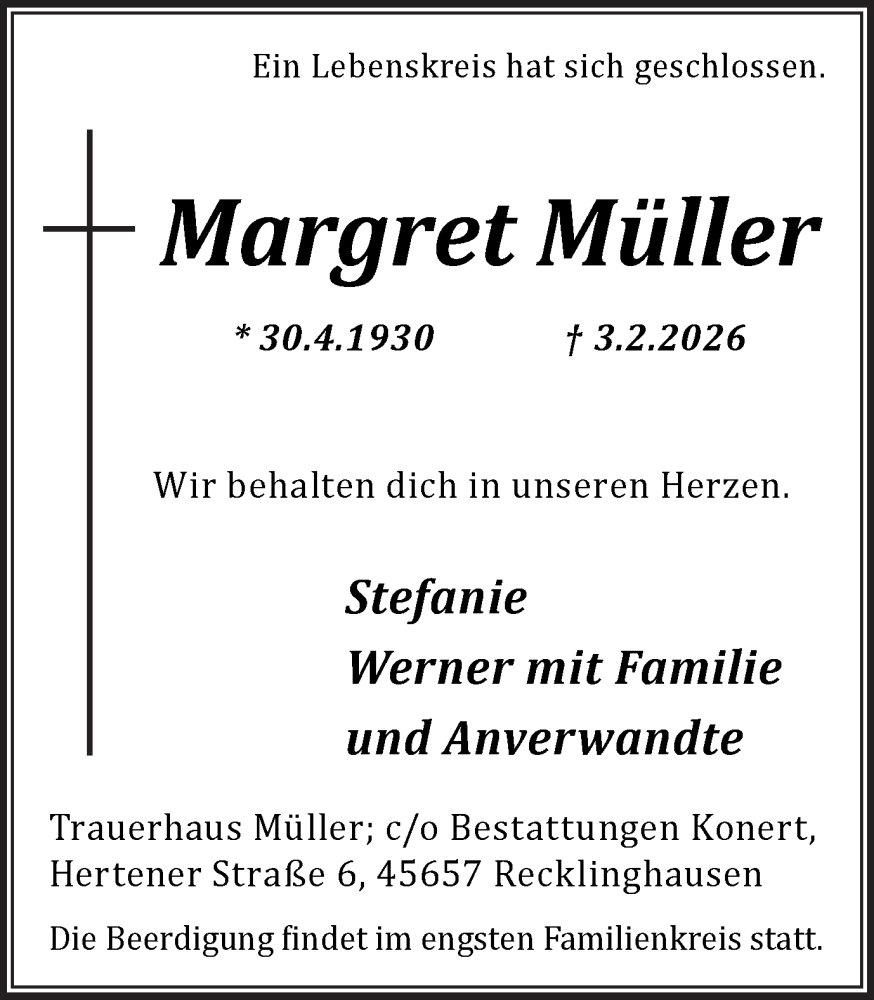  Traueranzeige für Margret Müller vom 07.02.2026 aus Trauer Vest