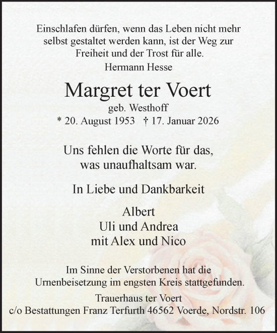 Traueranzeige von Margret ter Voert 