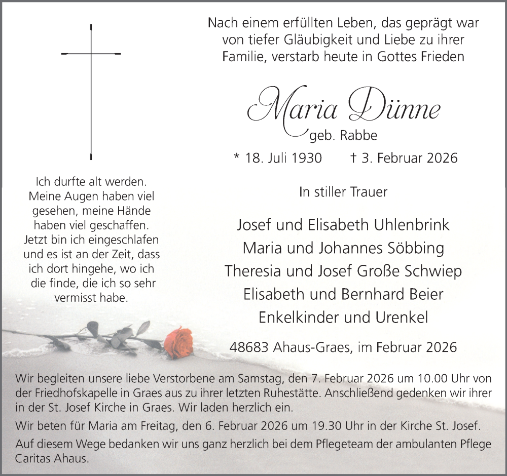  Traueranzeige für Maria Dünne vom 05.02.2026 aus Münsterland Zeitung
