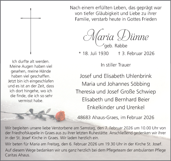 Traueranzeige von Maria Dünne von Münsterland Zeitung