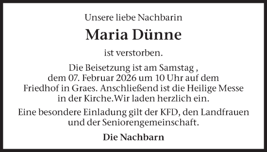 Traueranzeige von Maria Dünne von Münsterland Zeitung