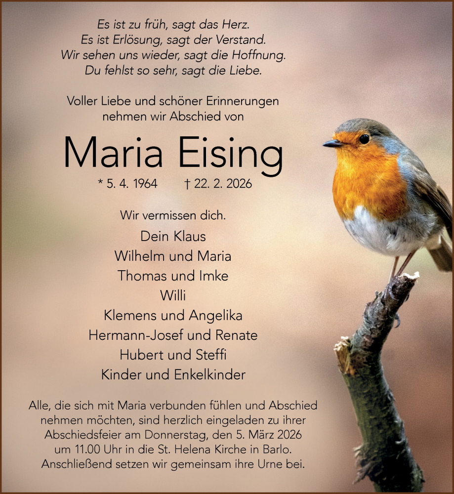  Traueranzeige für Maria Eising vom 28.02.2026 aus 