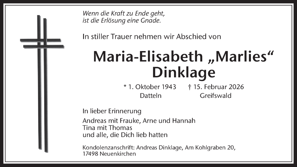  Traueranzeige für Maria-Elisabeth Dinklage vom 28.02.2026 aus Trauer Vest