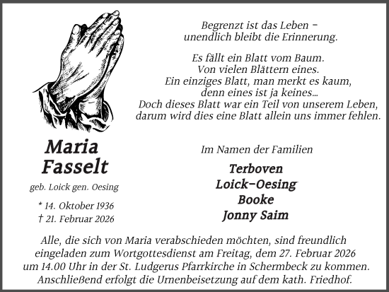 Traueranzeige von Maria Fasselt von Ruhr Nachrichten und Dorstener Zeitung