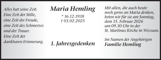 Traueranzeige von Maria Hemling von Münsterland Zeitung