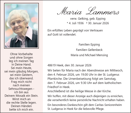 Traueranzeige von Maria Lammers von Münsterland Zeitung